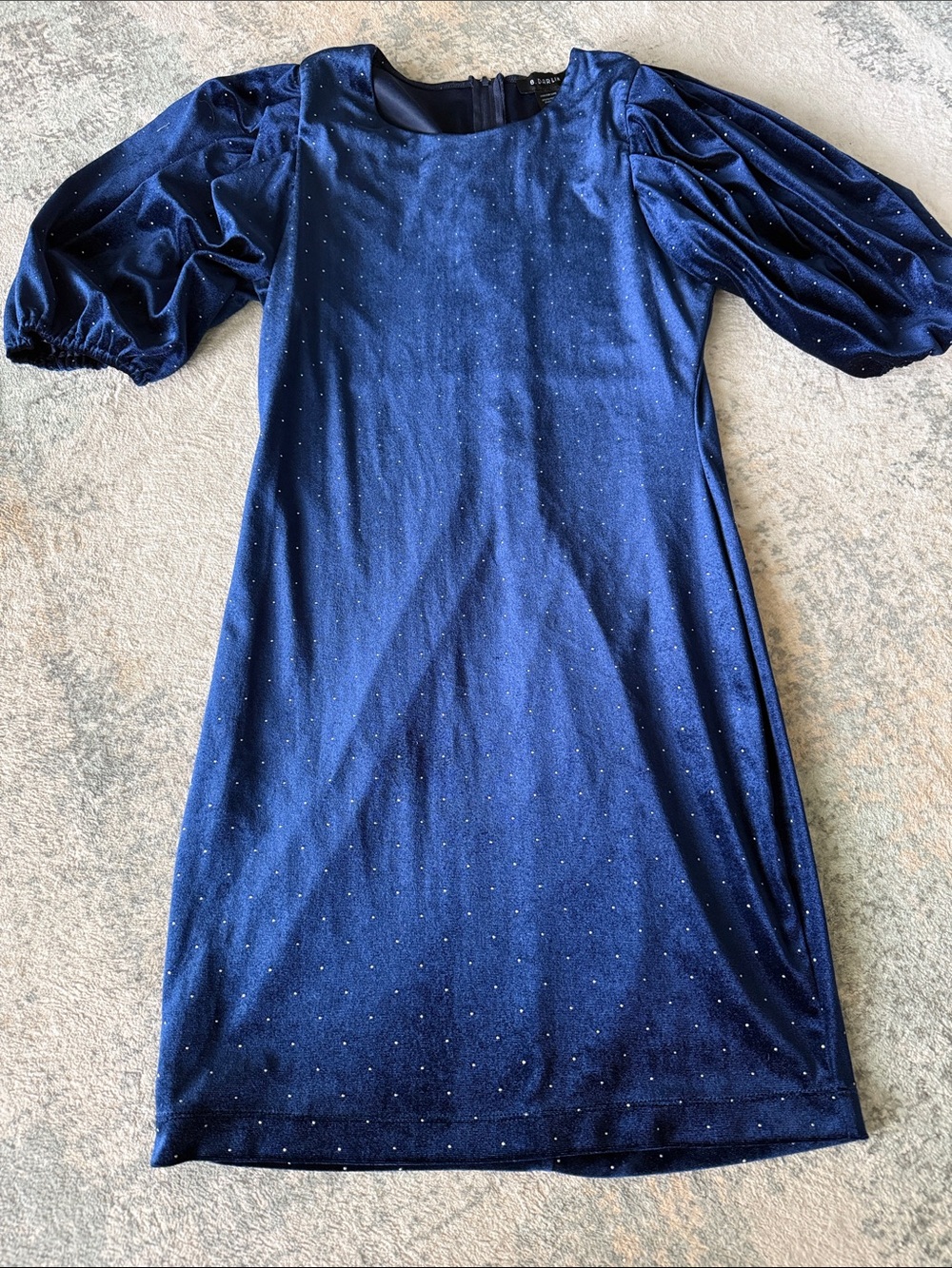 B. Darlin Navy Blue Velvet Sparkle Party Dress with Puff Sleeves, Size M